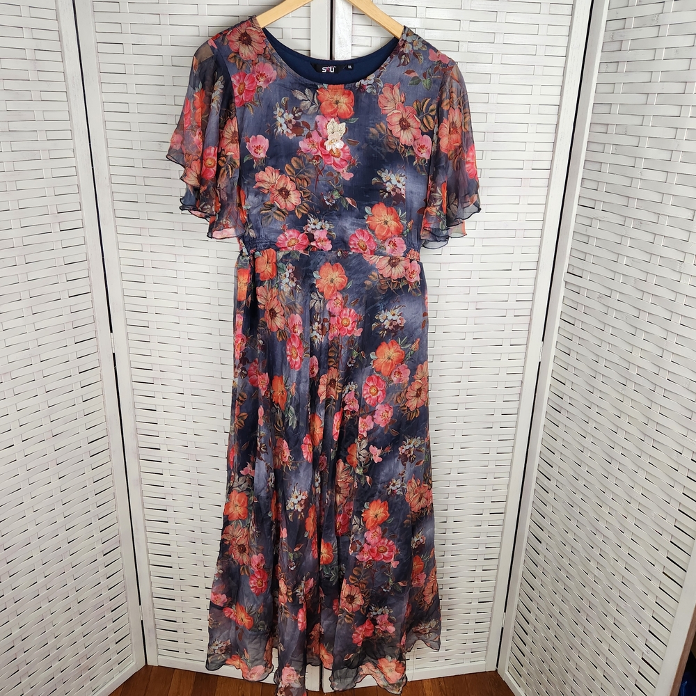 S4U Floral Chiffon Dress Maxi‎ Long Blue Pink Flowers Size XL Lightweight Summer